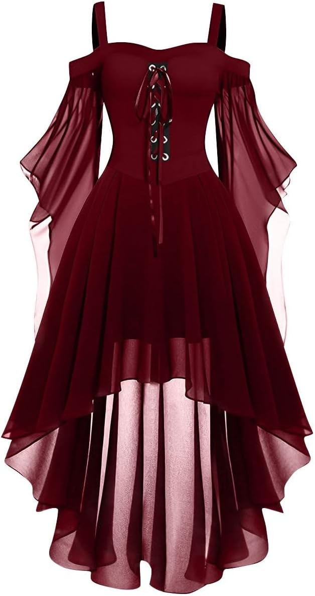 Women's Halloween Costumes Cold Shoulder Chiffon Butterfly Sleeve Gothic Dress Medieval Steampunk Dress