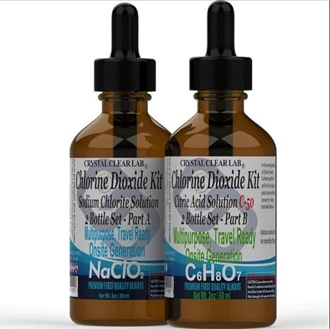Crystal Clear Lab Chlorine Dioxide CDS ClO2 Kit, 4 oz Set | CDS Citric Acid, Single-Dropper Glass Bottles Chlorine Dioxide Solution