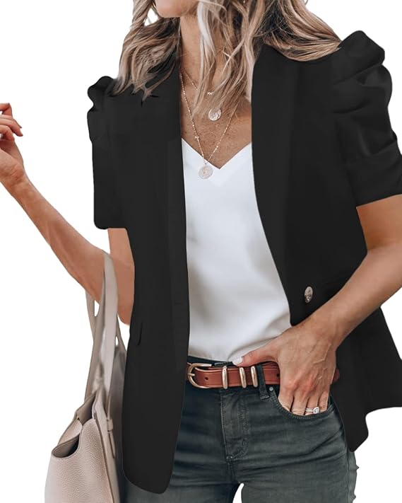 Women's Summer Blazers Short Puff Sleeve Bussiness Casual Work Suit Jackets