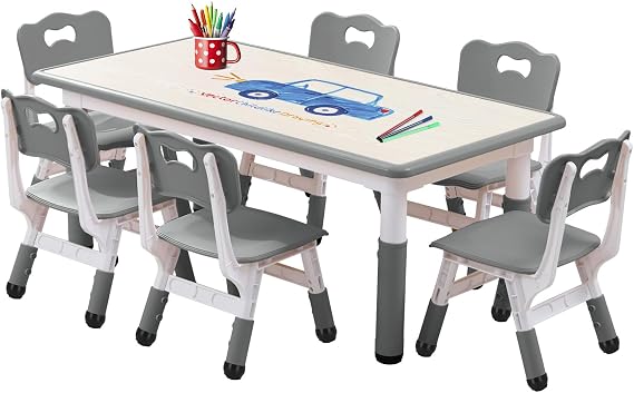 Kids Table and Chairs Set, Height Adjustable Desk With 6 Seats for Ages 2-12,Arts & Crafts Table,Graffiti Desktop, Non-Slip Legs, Max 300lbs, Children Multi-Activity Table for Classrooms,Daycares,Home