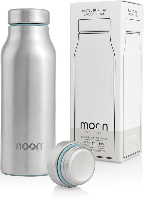 Moon Bottles - Non-Plastic, Recycled Stainless Steel Water Flasks for Hot and Cold Drinks - Insulated Metal Vacuum Drink Flask - BPA & Lead Free - Non Toxic, Reusable, UK Company (380ml, Mint Green)
