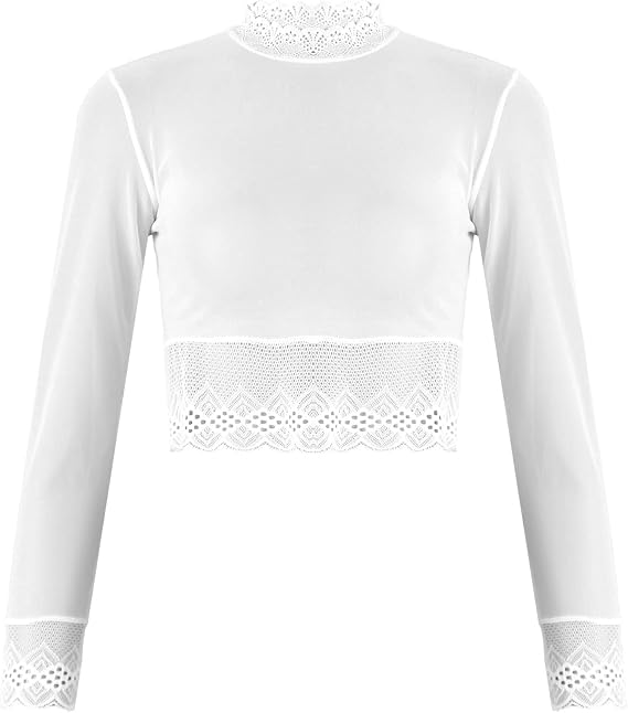 iiniim Women's Sheer Mesh Crop Tops See-Through Lace Trim Long Sleeve Bodycon Cropped T-Shirt