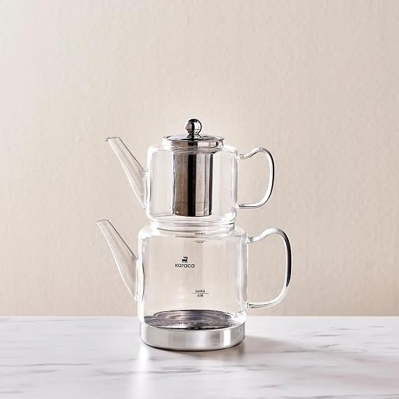 Karaca Dora Borosilikatglas Teekannen-Set mit Edelstahl-Teesieb 2 L Kessel & 1 L Glas Teekanne mit Sieb Turkish Tea Pot Caydanlik Türkischer Teebereiter für Kräutertee losen Tee XL
