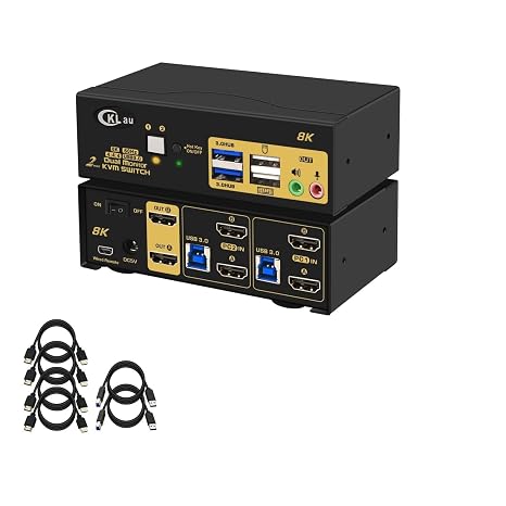 2 Port 8K60Hz 4K144Hz Dual Monitor KVM Switch HDMI with Cables, Audio, Microphone, 2 pcs USB 3.0 Peripheral Hub for Keyboard Mouse 2 Computers Sharing 2 Monitors