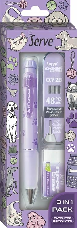 Serve Doğa Desenli Deep Kalem, Deep Silgi ve Deep Min, 0.7 mm, Lavanta