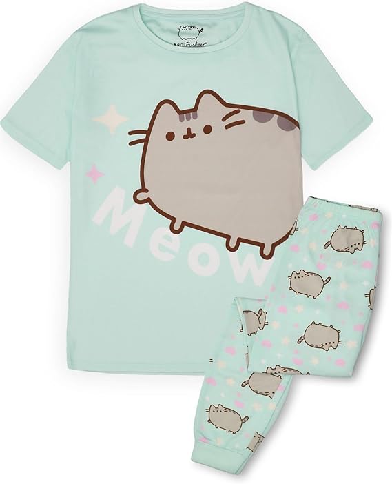 Pusheen Girls Pajama Set | Young Ladies Green Loungewear Short Sleeve T-Shirt & All Over Print Long Leg Pants Complete PJs