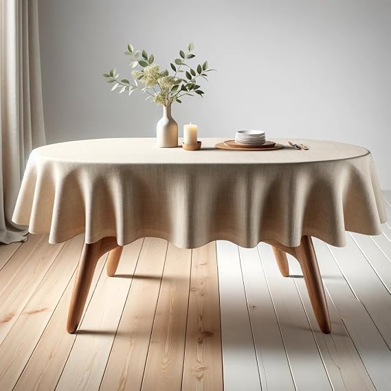 Linen Tablecloth Beige 61 x 102 Inch(155 x 260cm) Oval Handmade Beige Table Cover Natural Environmentally Friendly Material Solid Color Table Cloth