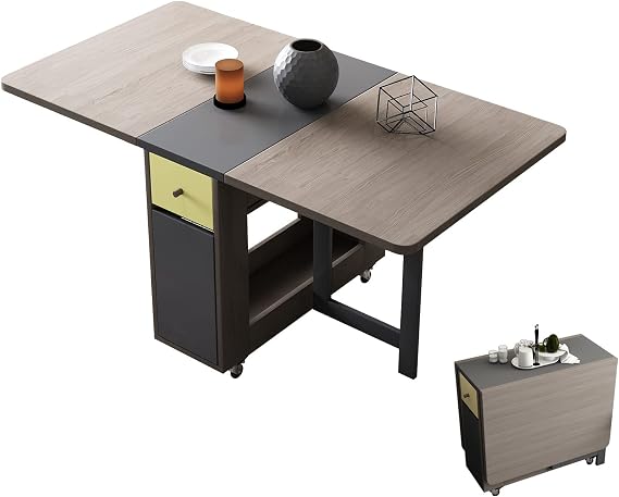 FUNROLUX Drop Leaf Folding Dining Table with Storage, 2 Drawers, Grey