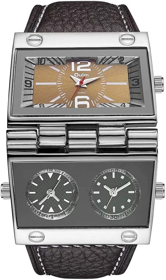 Oulm 9525 Men's Analog Black Leather Strap 3 Subdials Brown Watch, Braun