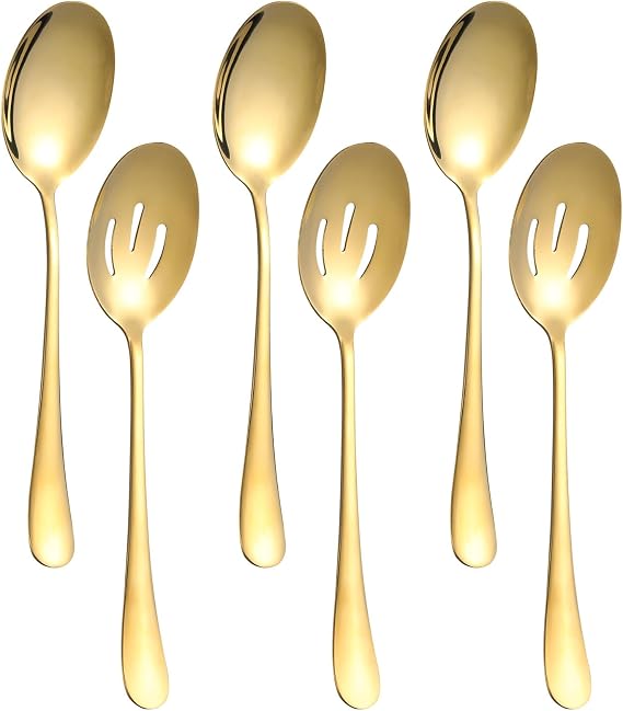 6 PCS Serving Spoons Set, 8.7 Inch Serving Spoon, Slotted Spoons, Gold
