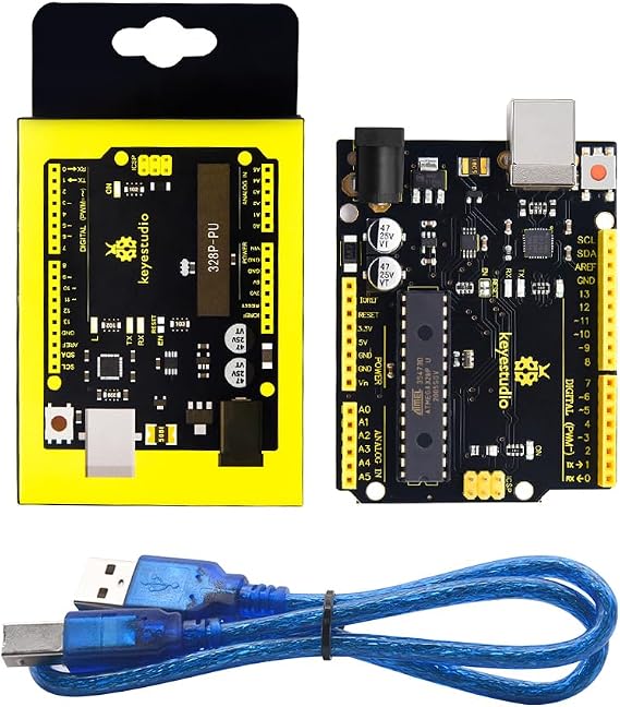 KEYESTUDIO UNO R3 Development Board ATmega328P with USB Cable, Compatible with Arduino IDE Projects, 32KB Flash 16MHz Clock Speed 14 Digital I/O 6 Analog Inputs for DIY Robotics STEM Education