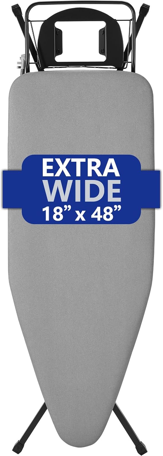 BKTD Extra-Wide Ironing Board 48"18" Large Surface (57" w/Iron Rest) Built-in Clothes Rack, Hanger & Cord Holder Heat-Resistant Cover Heavy-Duty, No Wobble Adjustable Height Black Grey. | Built-in Hanger, Cord Holder, Heat-Resistant Cover, Adjustable Height, Safety Lock, Black Grey
