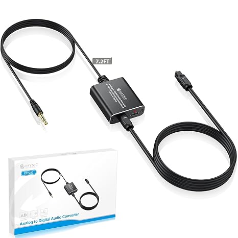 eSynic Professional 7 ft Long 3.5mm to Toslink Optical Audio Adapter | With ADC Analog to Digital Audio Chip-Plug & Play-For Laptop/Gaming Consoles/Projector to Optical Soundbar-Not Bidirectional