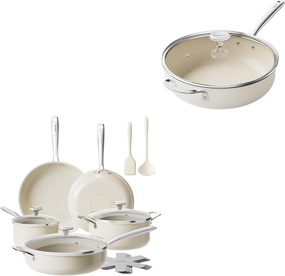Redchef Ceramic Pots and Pans Set Non Stick, 16Pcs Kitchen Cookware Sets, Ceramic Saute Pan with Lid, Nonstick Deep Frying Pan, 5QT Jumbo Cooker with Helper Handle & Lid, PFAS PFOA & PTFE Free