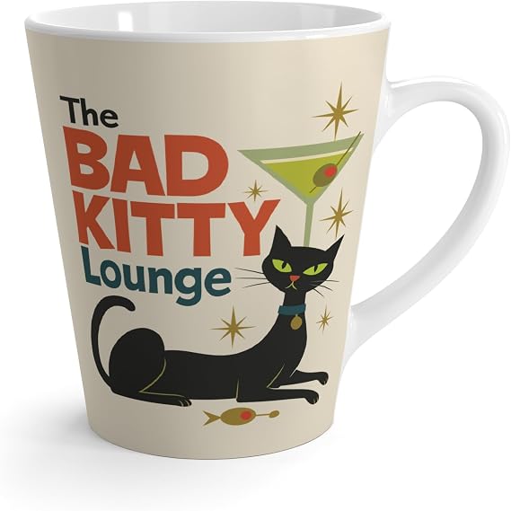 Bad Kitty Lounge Coffee Mug | Mid Century Modern Black Cat 12oz Latte Cup | Vintage Cat Lover Gift