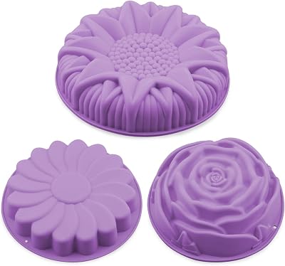 Coobbar Silicone Baking Molds,3 Pack Non-stick Flower Shape Silicone Cakes Pan Bread Pie Flan Tart Jello Molds,Reusable Food-Grade Large Flower Baking Trays