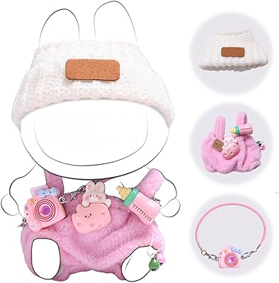 17cm Doll Clothes Set no Doll - Premium Fashion Dresses with Accessories, 3 Piece SetHatJumpsuitSmall Camera, Cute Clothes for Dress up Unique Style, Stylish Clothes for Doll Pink