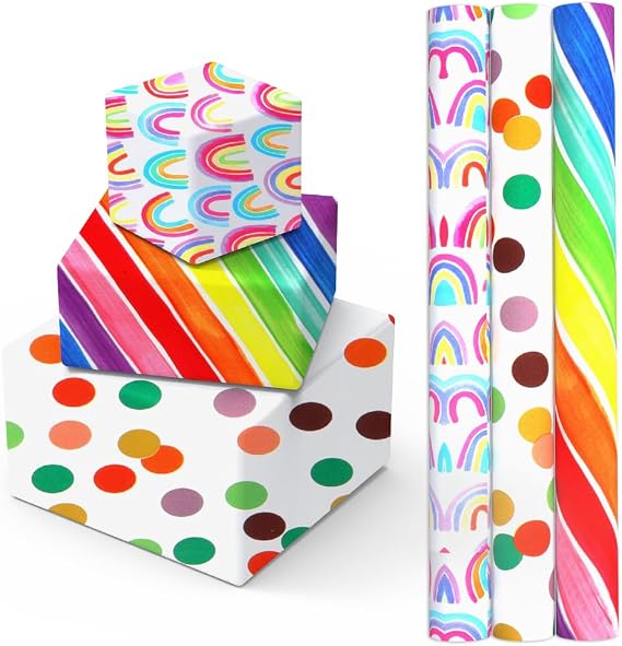 Birthday Wrapping Paper Rolls, 3 Rolls Happy Birthday Wrapping Paper 43 x 300cm, Gift Wrapping Paper Rolls, Kraft Gift Wrapping Paper For Party, Wedding Gift, Festive Decoration（Colour Dots)