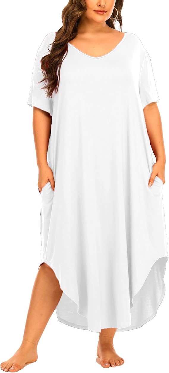 Womens Plus Size Nightgowns Sleepwear Short Sleeve Sleep Dress Maxi Night Gowns with Pockets