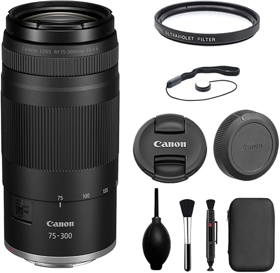 Canon RF75-300mm F4-5.6 Zoom Lens with UV Filter + Lens Cap Keeper + Cleaning Kit (4 Items)