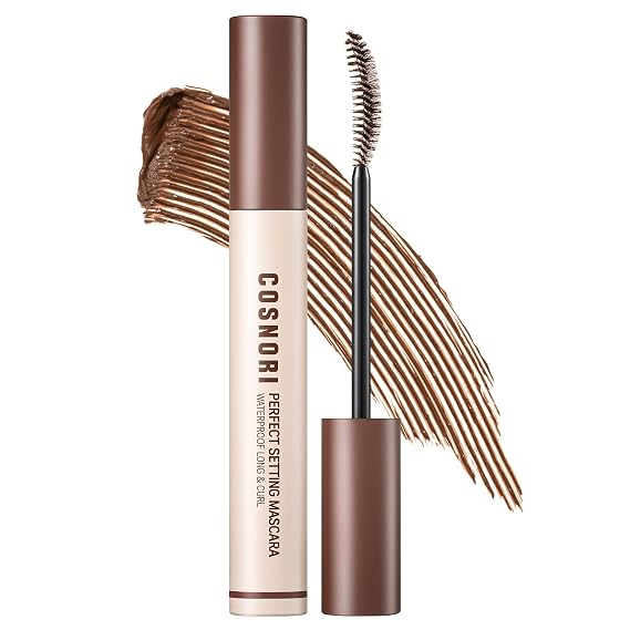 COSNORI Perfect Setting Waterproof Mascara Long&Curl 02 Cozy Brown Natural Defined Lashes with Long-Lasting Curl Hold, Brown Mascara, Soft Definition for Blue & Green Eyes, K-Beauty, 0.23fl oz