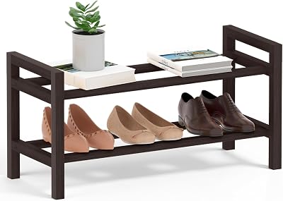 Haddockway Bamboo Shoe Rack for Closet, Free Standing Shoe Organizer with Smooth Round Rods & Convenient Handles, Stackable Shoe Storage Shelf for Entryway, HallwayBrown, 2-TierSmall