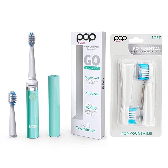 Pop Sonic Electric Toothbrush (Pastel Green) Bonus 2 Pack Replacement Heads - Travel Toothbrushes w/AAA Battery | Kids Electric Toothbrushes with 2