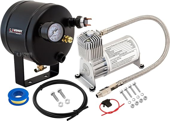 Vixen Horns 12V Air Compressor Kit 150 PSI with 0.5 Gallon Tank VXO8705 For Train Horn, Air Suspension | Includes Gauge, Pressure Switch, Drain Valve, Fitting, Fuse, Hose, Thread Sealant