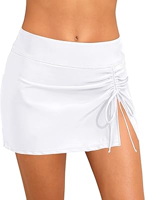 Daci White High Waisted Swim Skirt - 2025 Side Slit Drawstring Bathing Suit Skirt Tummy Control Swim Skort for Women M