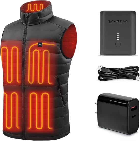 Venustas Mens Recycled Heated Down Jacket with Battery(Black, X-Large) & 20W Fast Charger Bundle