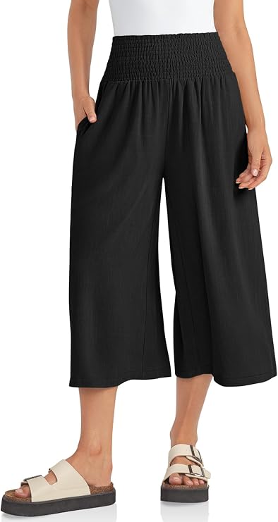 TARSE Womens Linen Palazzo Capri Pants Boho Summer Smocked High Waist Wide Leg Casual Loose Trousers with Pockets Flowy Pants