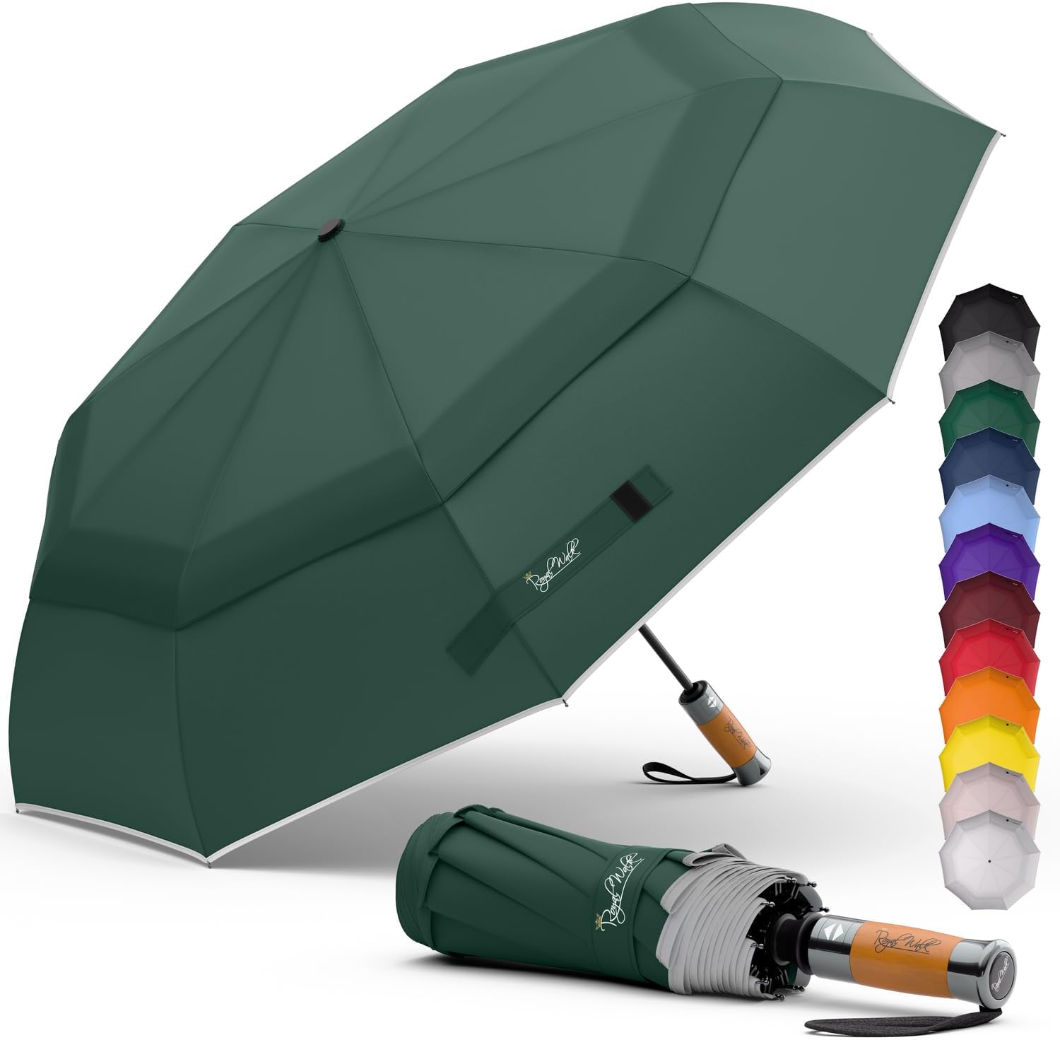 Royal Walk Windproof Folding Travel Umbrella Compact and Strong Luxurious Real Wood Handle Automatic Open Close Vented Double Canopy for Men and Women Dark Green