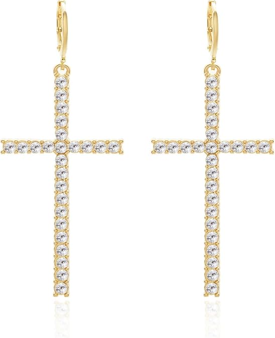 Rhinestone Pearl Cross Huggie Earrings Geometric Crystal Pearl Beads Cross Dangle Drop Earring for Women
