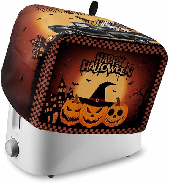 Burnt Orange Halloween Toaster Cover 2 Slice, Spooky Pumpkins Horror Plaid Dustproof Bakeware Oven Protector with Top Hook, Waterproof Small Kitchen Appliance Toasters Dust Cover, 11"x6"x8"