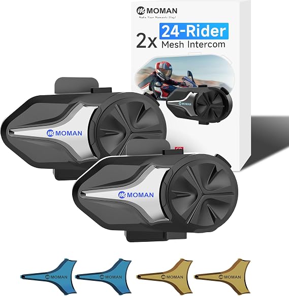 Moman Motorcycle Intercom, Group Intercom Communication Systems, FM, Hi-Fi Stereo, CVC Noise Cancellation, Waterproof BT5.1 Helmet Speaker Headset, 24 Riders Mesh Communicate(CPX 2 Pack)
