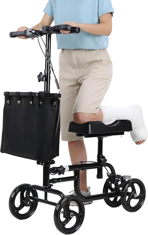 Knee Scooter Steerable Knee Walke for Adults for Foot Surgery, Medical Scooter with Disc Brake and Removable Bag, Adjustable Handlebars Compact Crutch Scooters for Broken Foot Injured Leg Black