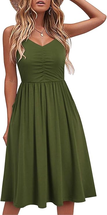 YATHON Casual Dresses for Women Sleeveless Cotton Summer Beach Dress A Line Spaghetti Strap Sundresses with Pockets