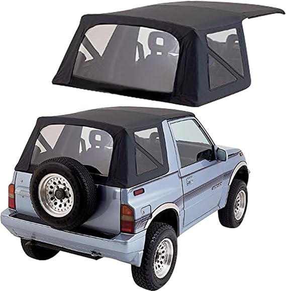Sierra Offroad Soft Top Replacement for Suzuki Sidekick & Chevrolet Tracker 1986-1994, Leather Grain Vinyl, Black, Clear Plastic Windows