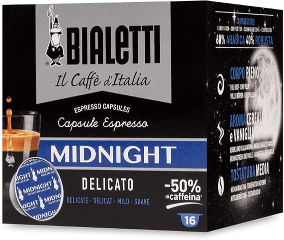 Bialetti Midnight Espresso Capsules, Delicate Taste -50% Caffeine 32 Count