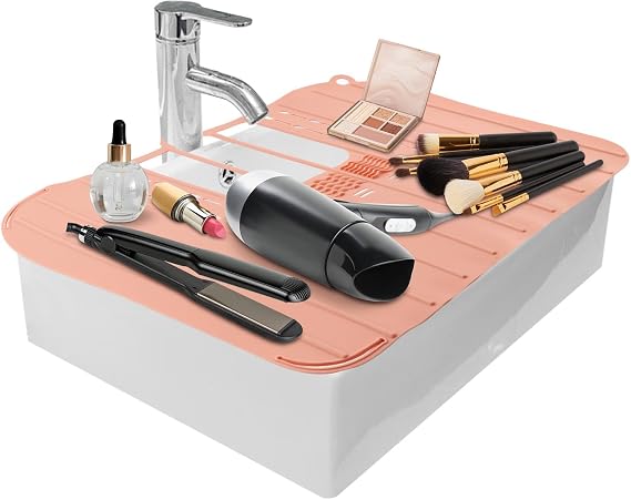 LOQJSS Bathroom Sink Cover For Counter Space Makeup,Sink Toppers Foldable Sink Cover,Silicone Beauty Makeup Brush Cleaning Mat,for Beauty Tools, Bathroom Sink Organizer Countertop(Light Pink)
