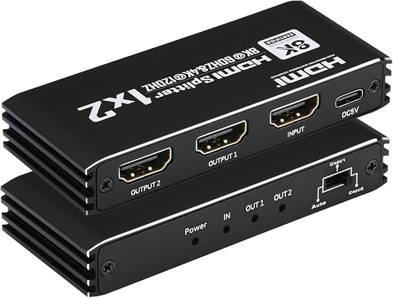 8K@60Hz HDMI Splitter 1 in 2 Out, 1x2 HDMI 2.1 Splitter Support 4K@120Hz, 1080P@240Hz VRR HDCP2.3 HDR HDR10 48Gbps EDID Dolby Atmos 7.1ch, Only Duplicate/Mirror Screens Not Extend