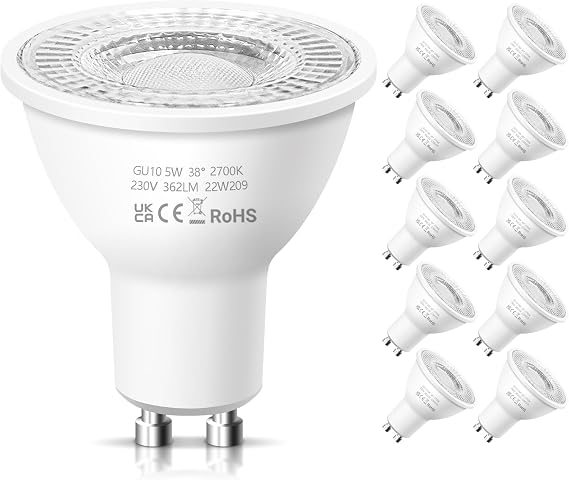 GU10 LED Spotlight Bulbs, Warm White 2700K 5W Energy Saving Light Bulbs, (Equivalent to 50W) Halogen Spotlight Bulbs, Non-dimmable 220-240V 362LM, 38° Beam LED Bulbs for Ceiling, Pack of 10 [Energy Class F]