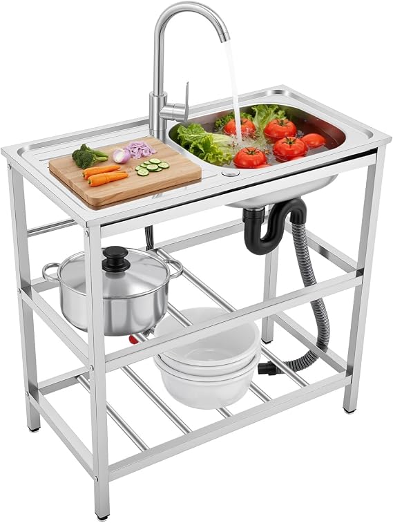 Kitchen Sink Stainless Steel Sink 1 Basin Outdoor Sink with Base Cabinet & Worktop Freestanding Sink with Hot-Cold Water Tap Sink Cabinet for Outdoor Kitchen Camping