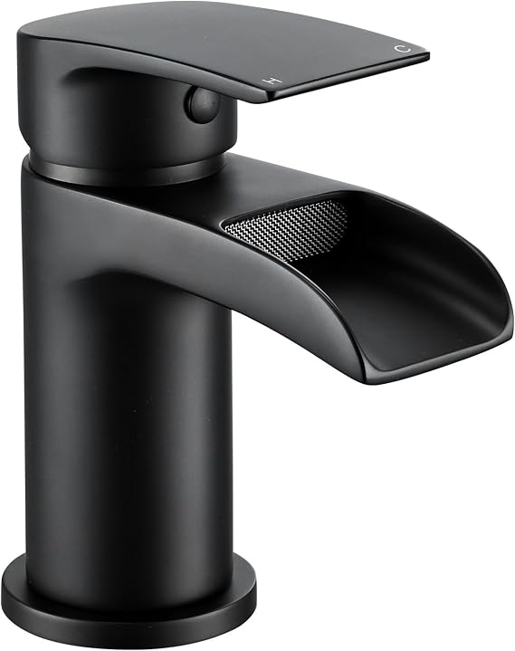 Peppermint Matte Black Basin Tap, Monobloc Waterfall Taps for Bathroom Sink