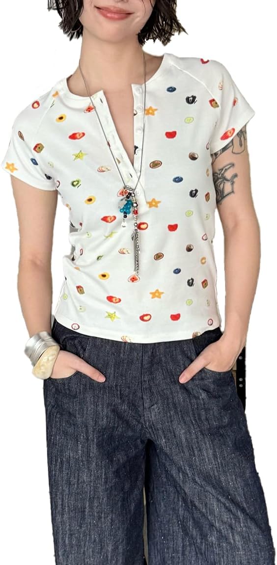Y2k Kawaii Shirts for Women Fruit Graphic Tees Short Sleeve Cutecore Shirts Harajuku Fashion Slim Fit