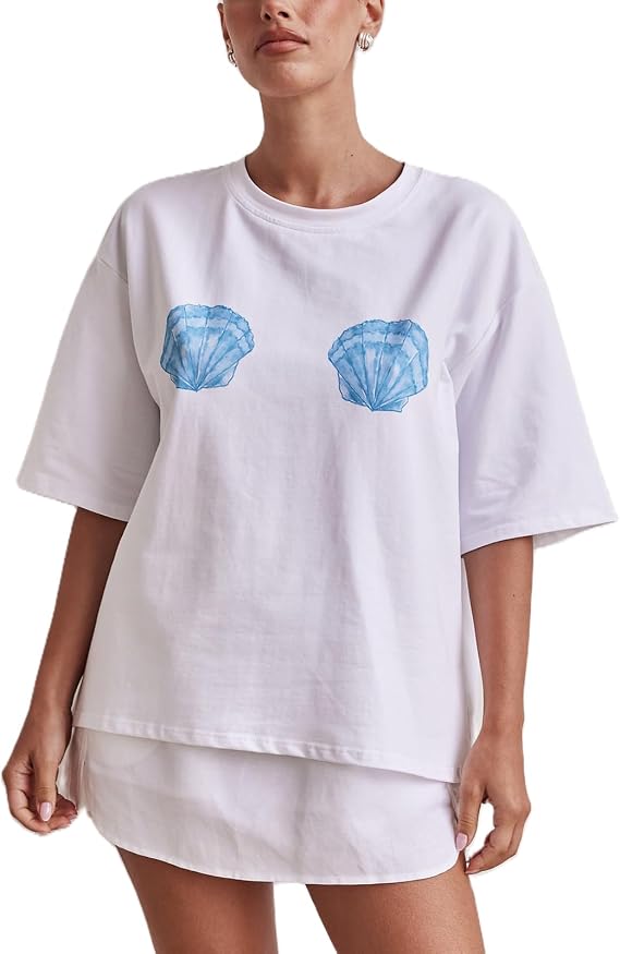 Oversized Graphic Tshirts for Women Y2K Cute Short Sleeve Baggy Tee Top Teen Girls Aesthetic Shirt Coastal Summer