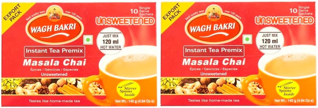 Wagh Bakri Premix Masala Unsweetened Tea 140g x 2 | Instant Spiced Tea Premix | Quick & Convenient Indian Chai