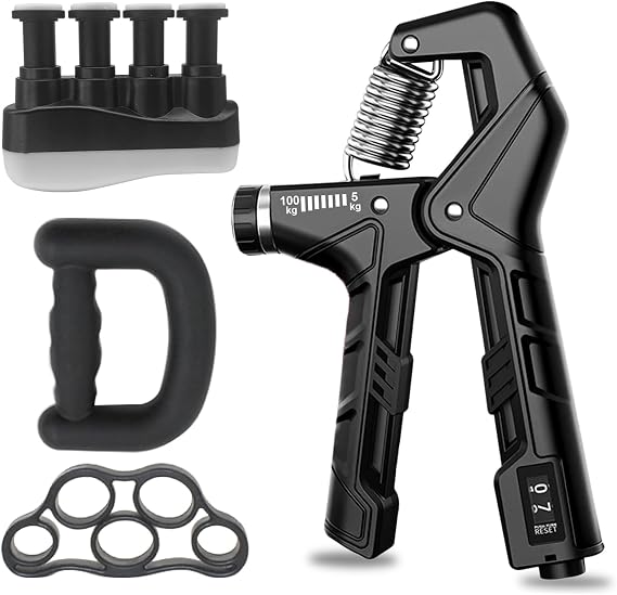 Hand Grip Strengthener - Adjustable Resistance 11-220Lbs Forearm Strength Trainer with Counting, Silicone Grip Ring & Hand Exercise for Quickly Increasing Wrist Forearm and Finger Strength Combo Set