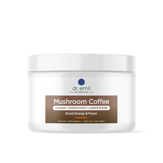Dr. Emil Mushroom Coffee for Focus & Energy - Instant Coffee with Lion's Mane - Chaga & Cordyceps - Delicious Caramel Flavor & Potent Mushroom Powder Blend