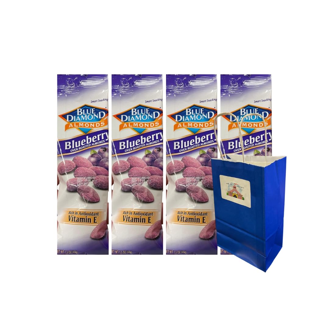 Snack Pack Diamond Almonds Blueberry Flavor 1.5 oz Each, Convenient 4-Pack, Includes 5.25x3.2x8 Blue Paper Bag, Healthy Protein Snack, On-the-Go, Gluten-Free, Keto Friendly